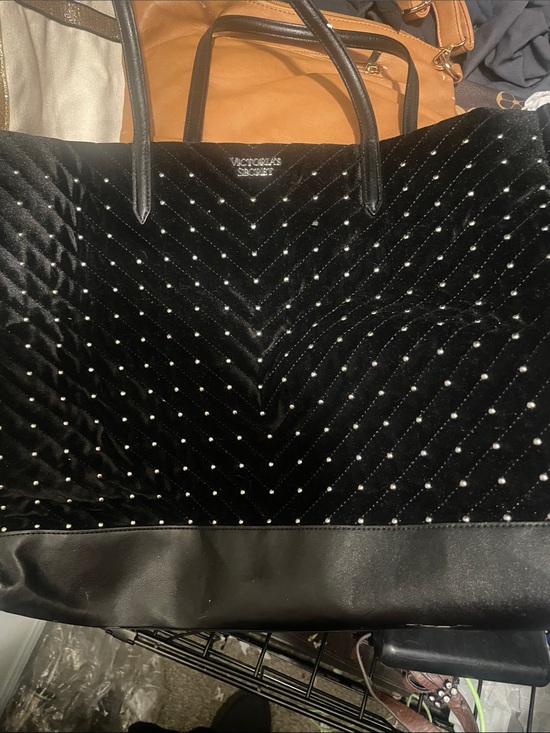 Victoria's Secret Handbags - Victoria's Secret Black Quilted Velvet Tote with Studded Chevron